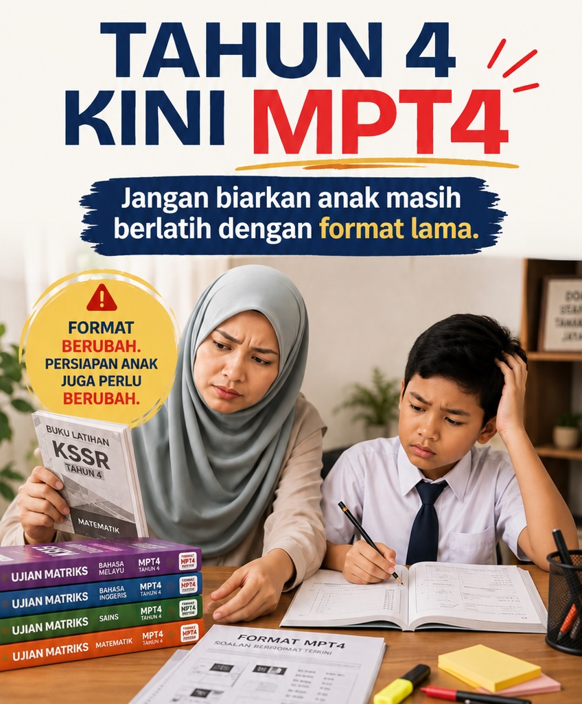 Tahun 4 kini MPT4 — jangan biarkan anak berlatih dengan format lama. Set latihan Ujian Matriks mengikut format MPT4 terkini.